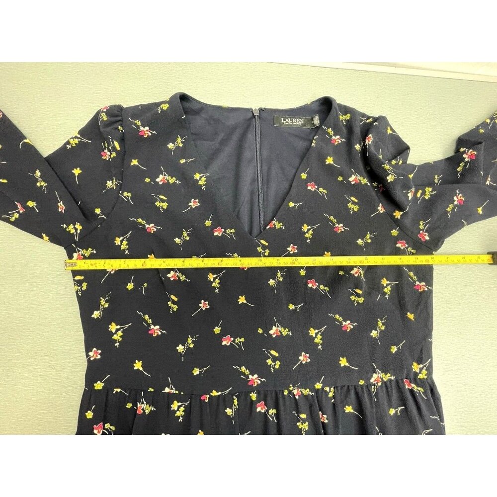 Ralph Lauren Floral Long Sleeve V-Neck Crepe Style Mini Dress Navy Blue Size 12 - Picture 15 of 16